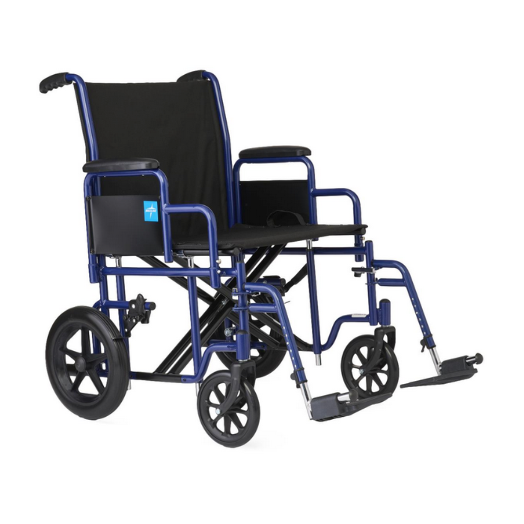 The Medline Folding Bariatric Transport Chair, crafted from durable carbon steel, boasts a blue frame with a black seat and backrest. It features large rear wheels, small front casters, swing-away footrests, padded armrests, and a brake lever for comfort and safety.